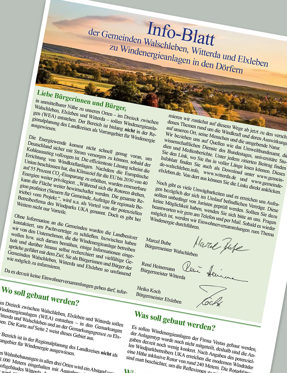 Info-Blatt der Gemeinden Walschleben, Witterda und Elxleben zu Windenergieanlagen in den Dörfern